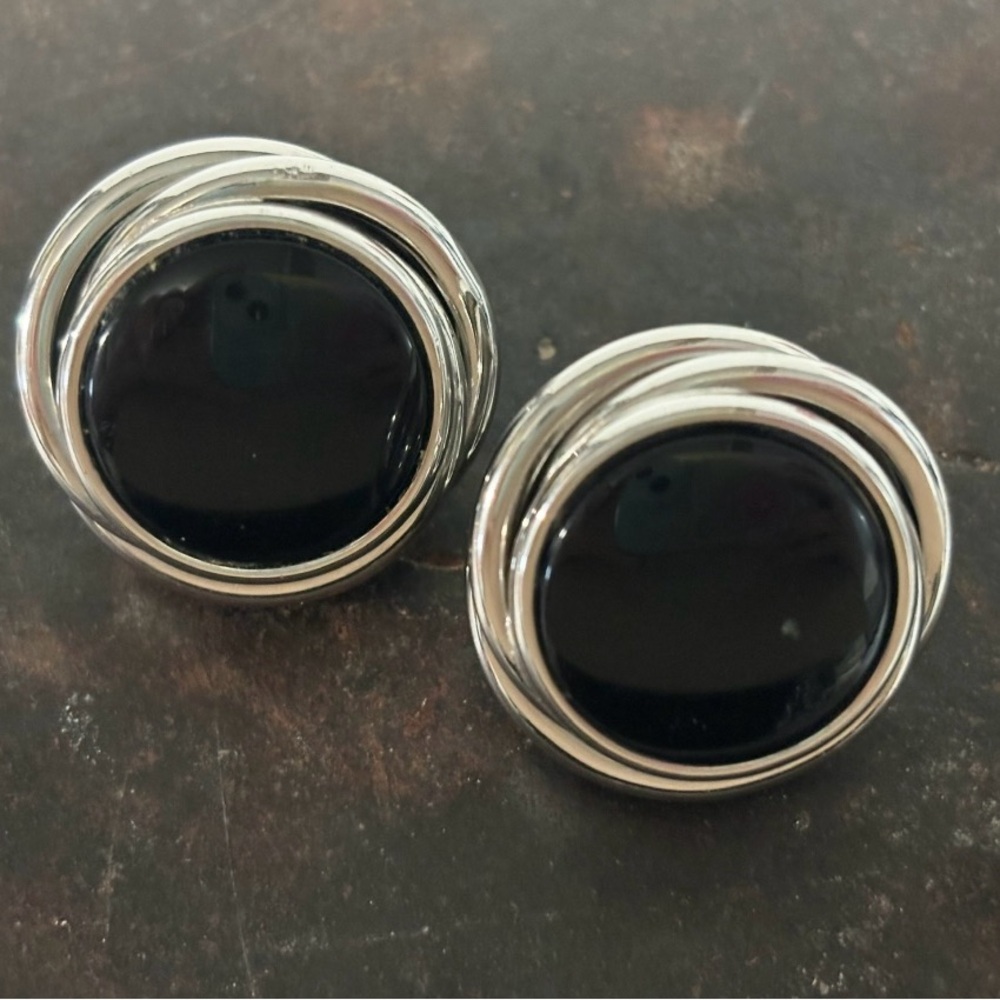 Vintage Napier Black Lucite with Silver Swirl Clip Earrings